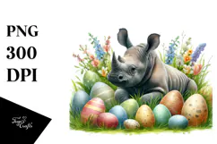 Baby Rhino in Grass between Easter Eggs PNG Product Image 1