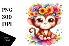 Cartoon Style Watercolor Monkey Flower Crown | Sublimation Product Image 1