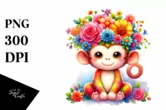 Cartoon Style Watercolor Monkey Flower Crown | Sublimation Product Image 1