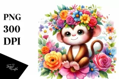 Cartoon Style Watercolor Monkey Flower Crown | Sublimation Product Image 1
