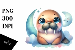 Colorful Baby Walrus on Moon | Sublimation | Clipart Product Image 1