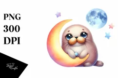 Colorful Baby Walrus on Moon | Sublimation | Clipart Product Image 3