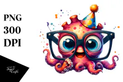Goofy Tiny Kraken with Party Hat, Cartoon PNG Product Image 1