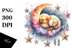 Baby Chicken Sleeping on Moon with Stars | Clipart Product Image 1
