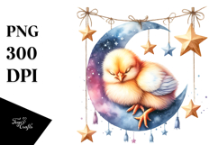 Baby Chicken Sleeping on Moon with Stars | Clipart Product Image 1