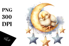 Baby Chicken Sleeping on Moon with Stars | Clipart Product Image 1