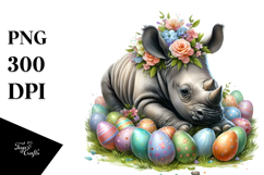 Adorned Baby Rhino in Grass between Easter Eggs PNG Product Image 1