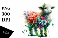 Abstract Vibrant Watercolor Lamb with Flowers, Transparent Product Image 1