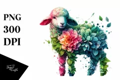 Abstract Vibrant Watercolor Lamb with Flowers, Transparent Product Image 3