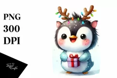Expressive Baby Penguin with Reindeer Horns PNG Product Image 3