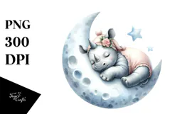 Baby Rhino Sleeping on Moon Decorated | Clipart Product Image 1