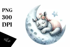 Baby Rhino Sleeping on Moon Decorated | Clipart Product Image 4