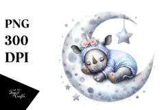 Baby Rhino Sleeping on Moon Decorated | Clipart Product Image 1