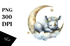 Baby Rhino Sleeping on Moon Decorated | Clipart Product Image 1