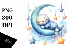 Whimsical Baby Seal on Moon with Stars | Clipart Product Image 1