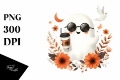 Cute Ghost with Sunglasses Holding Coffee PNG Product Image 1