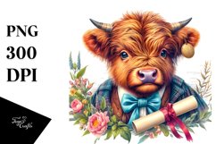Colorful Baby Highland Cow with Diploma, Transparent PNG Product Image 1