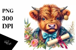 Colorful Baby Highland Cow with Diploma, Transparent PNG Product Image 1