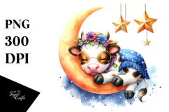 Baby Cow Sleeping on Moon with Stars | Clipart Product Image 1