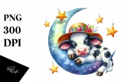 Baby Cow Sleeping on Moon with Stars | Clipart Product Image 4