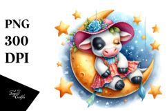 Baby Cow Sleeping on Moon with Stars | Clipart Product Image 1