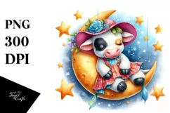 Baby Cow Sleeping on Moon with Stars | Clipart Product Image 4