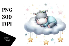 Cute Baby Hippo on Cloud with Stars | Clipart Product Image 1
