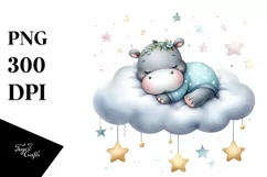 Cute Baby Hippo on Cloud with Stars | Clipart Product Image 4