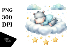 Cute Baby Hippo Sleeping on Cloud Hanging Stars Product Image 1