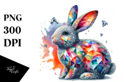 Colorful Bunny Made of Diamonds on Splashy Background, PNG Product Image 1