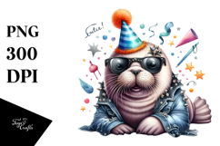 Cute Baby Walrus with Party Hat, PNG Product Image 1