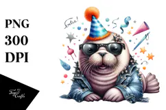 Cute Baby Walrus with Party Hat, PNG Product Image 1