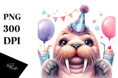 Cute Baby Walrus with Party Hat, PNG Product Image 1