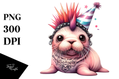 Cute Baby Walrus with Party Hat, PNG Product Image 1