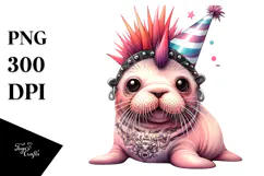 Cute Baby Walrus with Party Hat, PNG Product Image 1