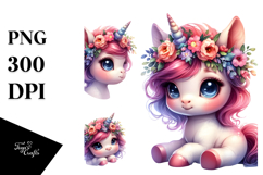 Cute Baby Unicorn with Floral Wreath, PNG Product Image 1