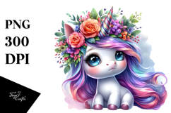 Cute Baby Unicorn with Floral Wreath PNG Product Image 1