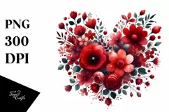 Red Floral Heart, Watercolor PNG Product Image 1