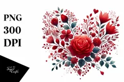 Red Floral Heart, Watercolor PNG Product Image 1