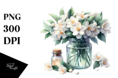 Watercolor Jar Filled with Large Jasmine | Clipart Product Image 1