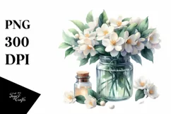 Watercolor Jar Filled with Large Jasmine | Clipart Product Image 3