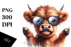 Funny Highland Cow with Sunglasses PNG Product Image 1