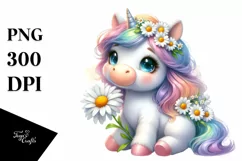 Baby Unicorn with Daisy Watercolor Clipart Product Image 1