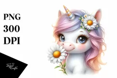 Watercolor Unicorn with Daisy | Clipart Product Image 1