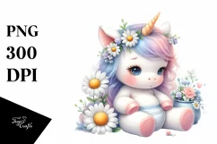 Baby Unicorn with Daisy Watercolor Clipart Product Image 1