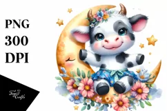 Cute Baby Cow Whimsical Moon Flowers Product Image 1
