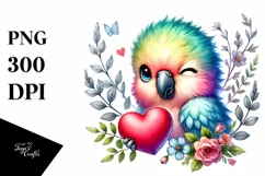 Adorned Baby Parrot Holding Heart PNG Product Image 1