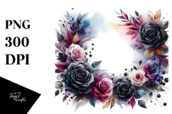 Watercolor Abstract Frame with Black Roses | Clipart Product Image 1