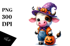 Cute Baby Cow Dressed for Halloween Watercolor PNG Product Image 1