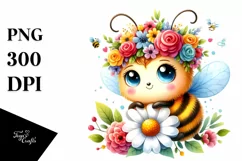 Cartoon-Style Watercolor Bee with Flower Crown Product Image 1